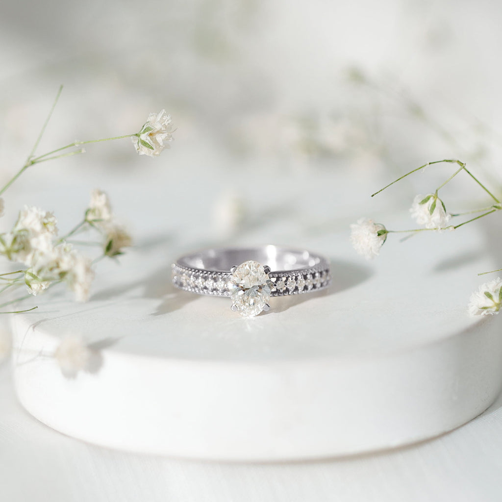 Certified 0.75 Carat Oval Lab Grown Diamond Vintage Inspired Engagement Ring