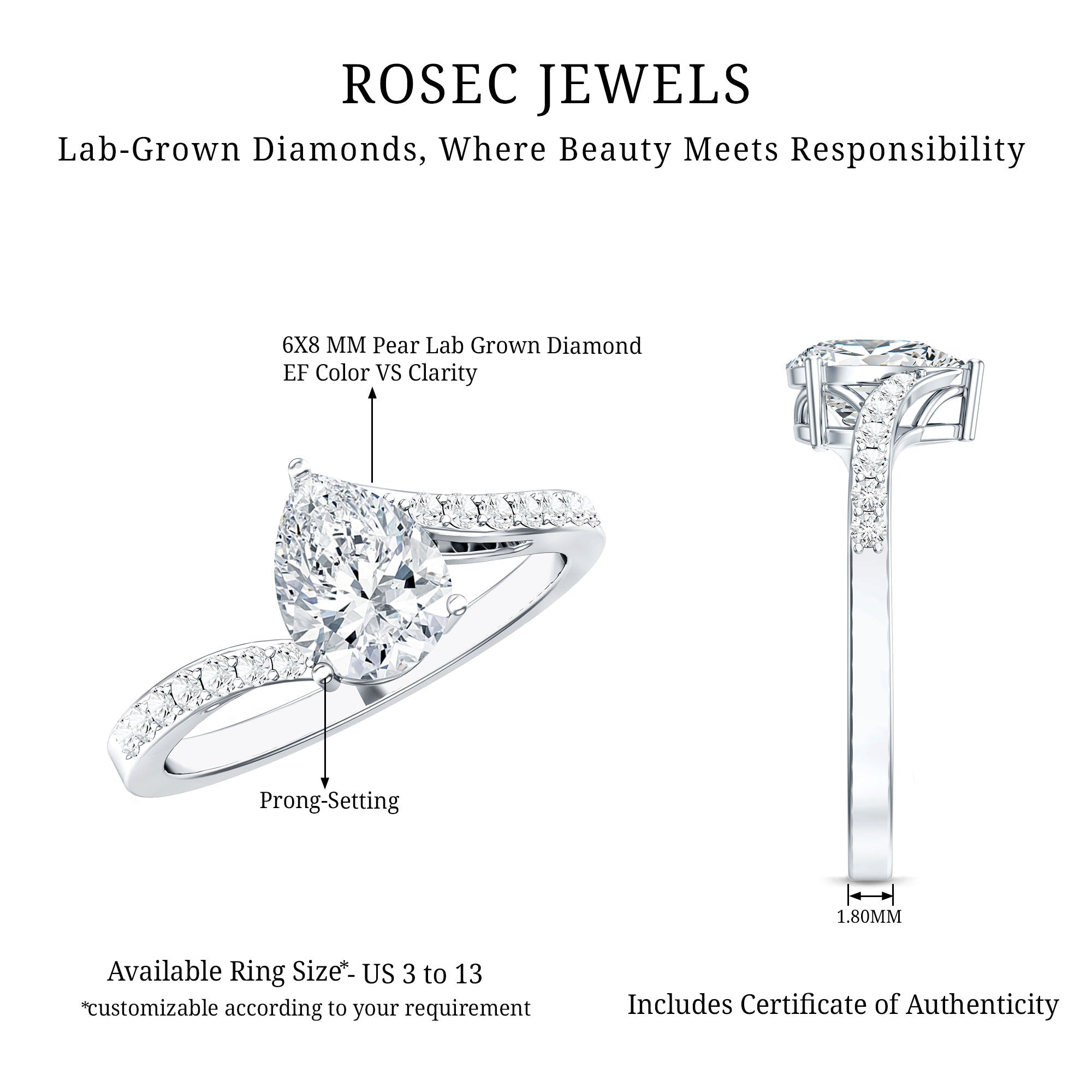 Certified 6X8 MM Pear Cut Lab Created Diamond Teardrop Engagement Ring