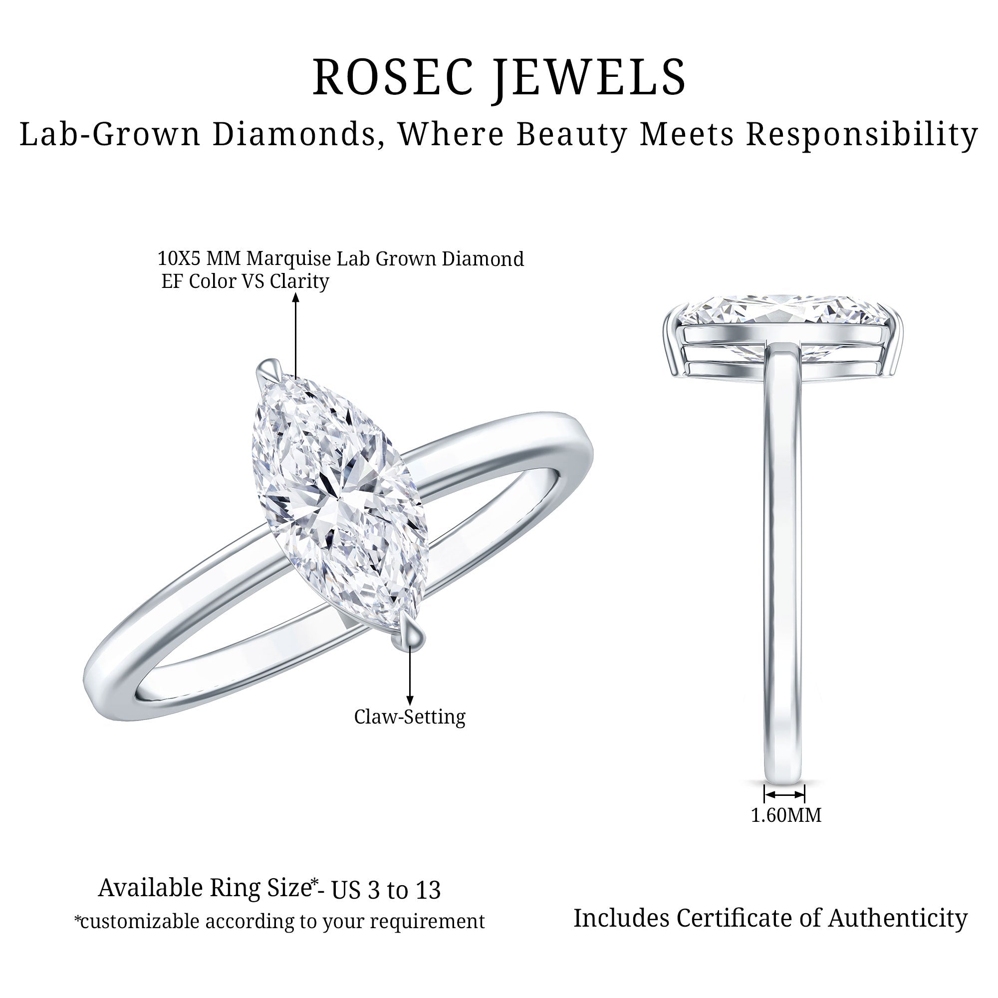 IGI Certified Lab Grown 1 Carat Diamond Marquise Engagement Ring Solitaire