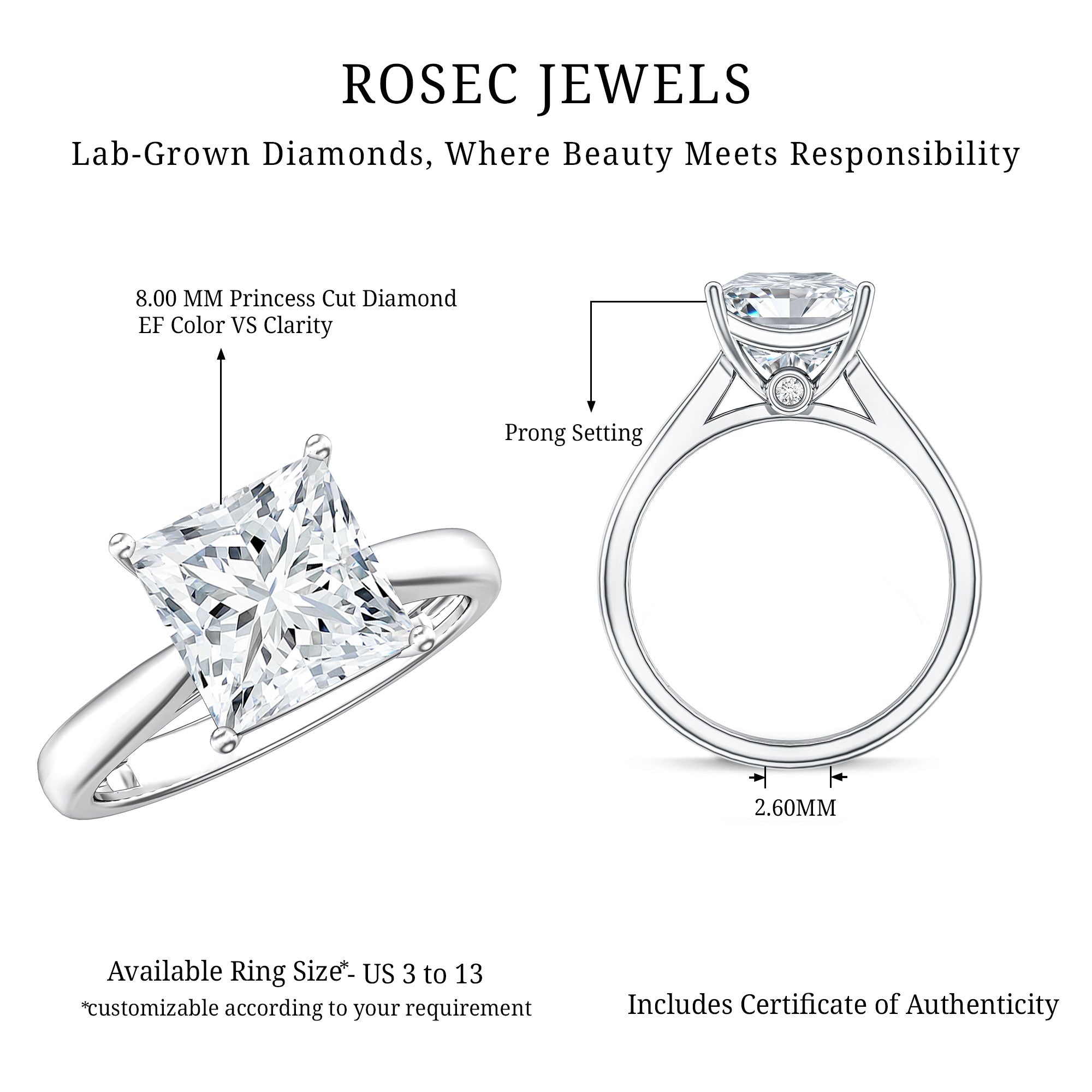 IGI Certified Lab Grown 3 Carat Diamond Princess Cut Engagement Ring Solitaire