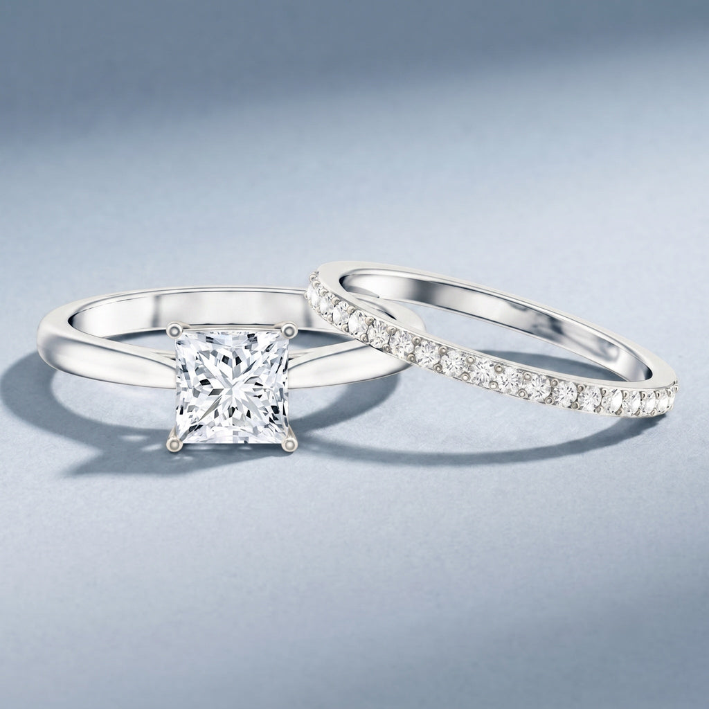 IGI Certified 1 Carat Princess Cut Lab Grown Diamond Solitaire Bridal Ring Set