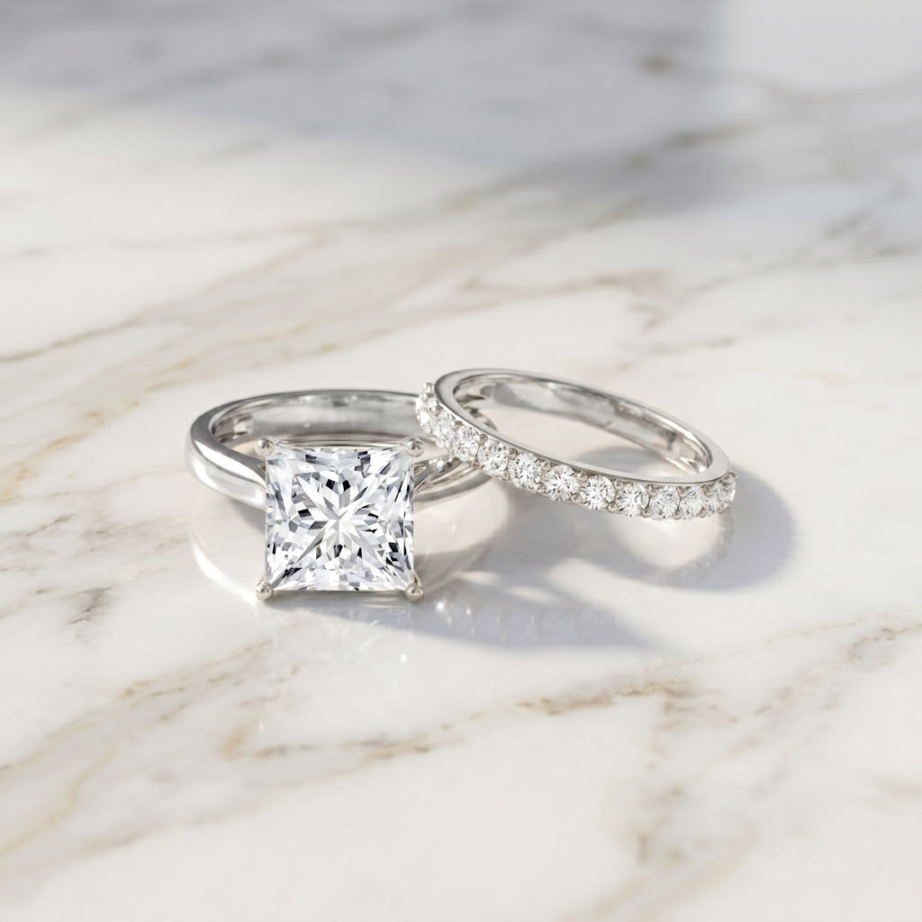IGI Certified 4 Carat Princess Cut Lab Grown Diamond Solitaire Wedding Ring Set