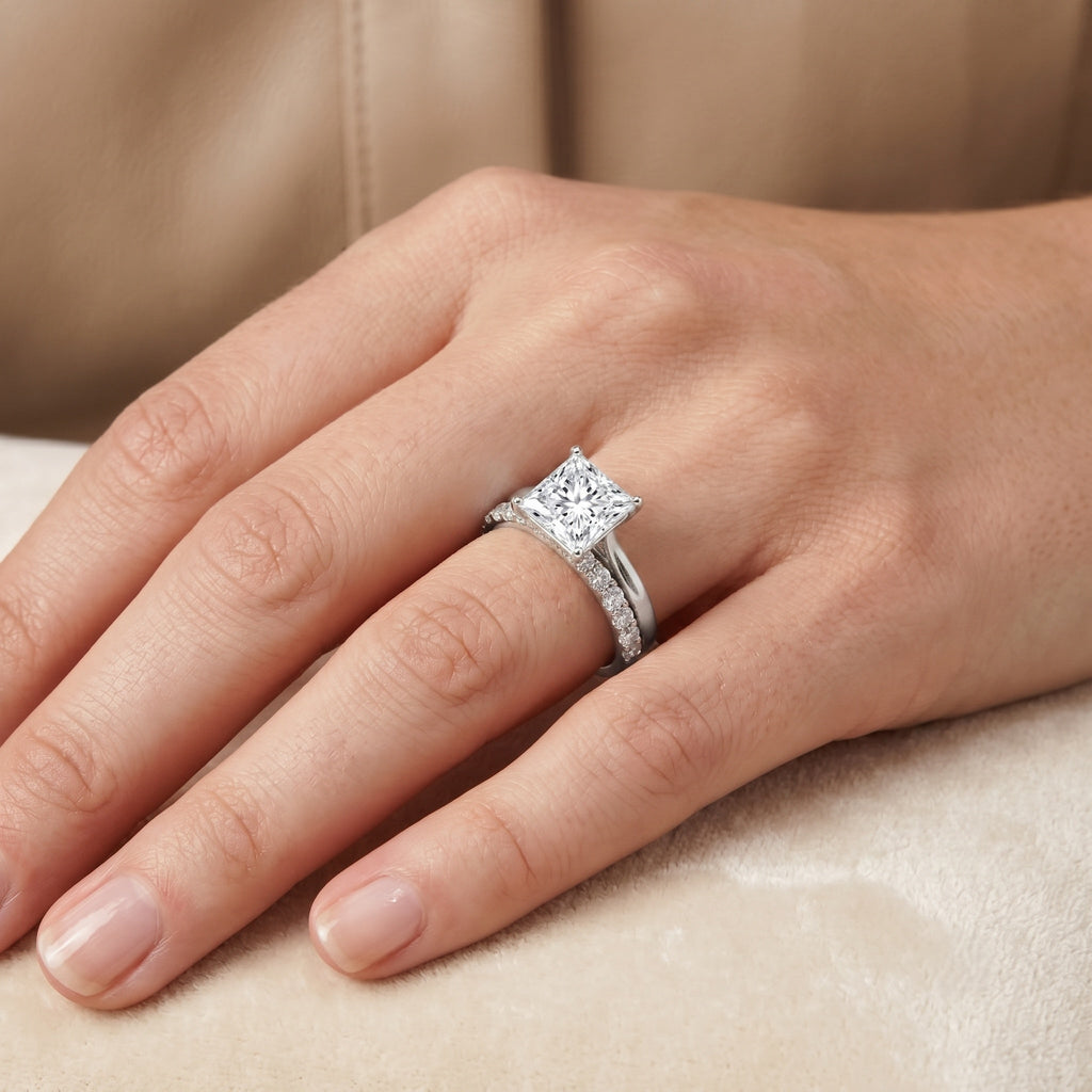 IGI Certified 4 Carat Princess Cut Lab Grown Diamond Solitaire Wedding Ring Set