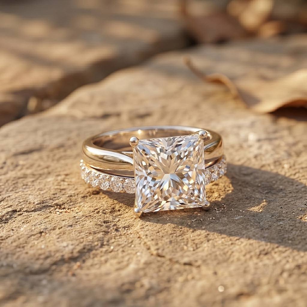5 Carat Huge Lab Grown Diamond Princess Cut Engagement Ring Set with IGI Certificate