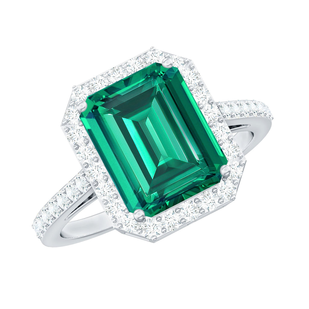 Lab Grown 3 Carat Emerald Cut Emerald Engagement Ring with Diamond Halo