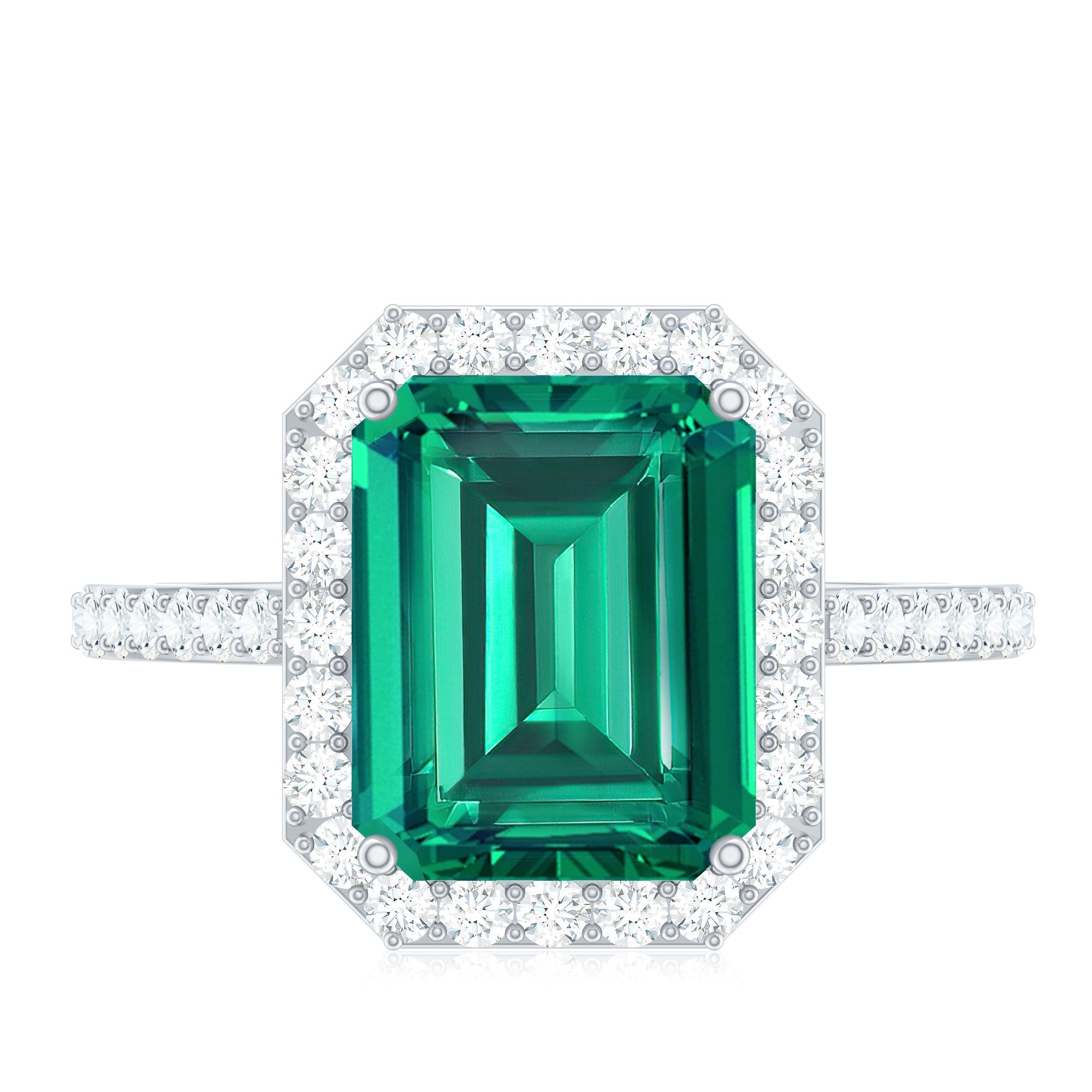 Lab Grown 3 Carat Emerald Cut Emerald Engagement Ring with Diamond Halo