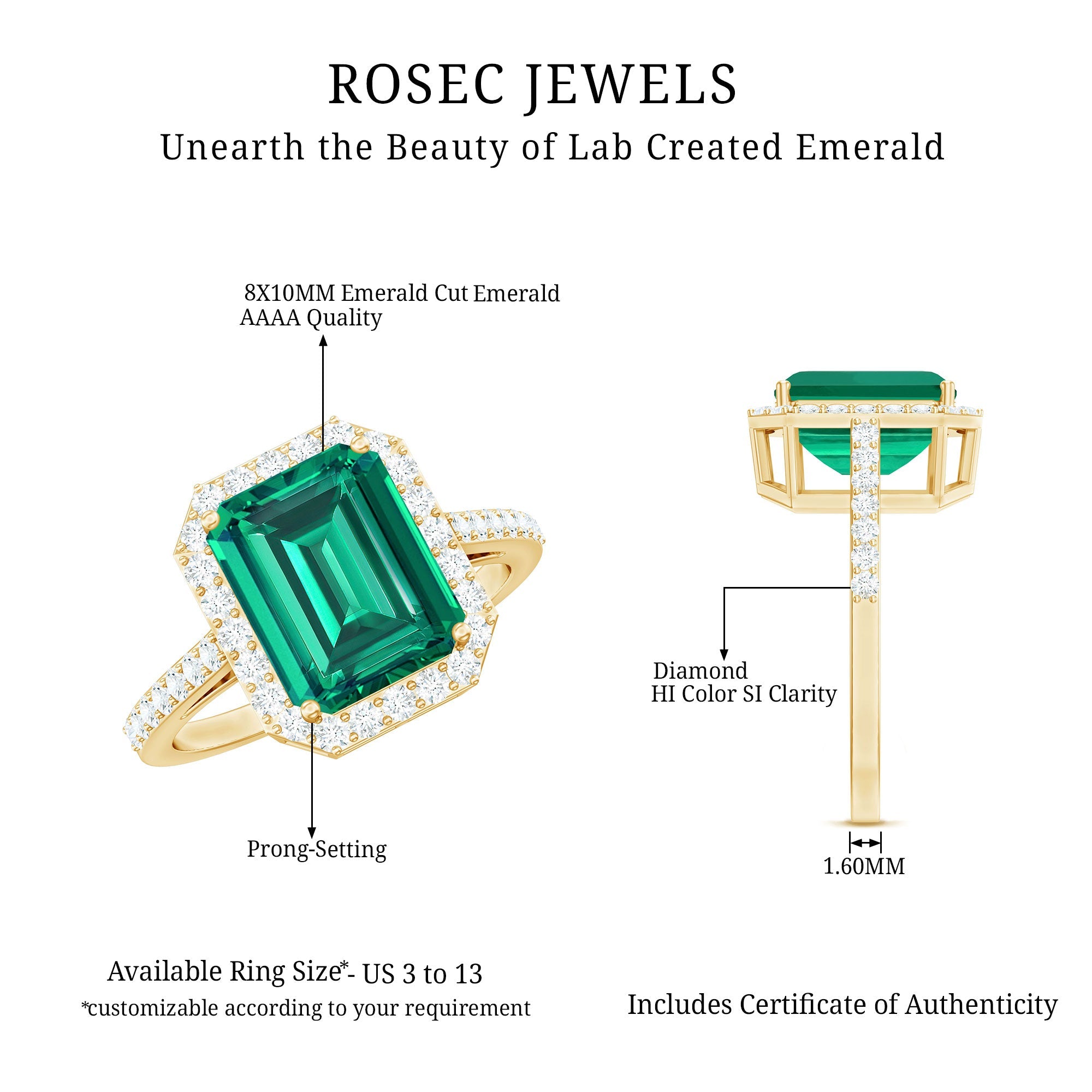 Lab Grown 3 Carat Emerald Cut Emerald Engagement Ring with Diamond Halo