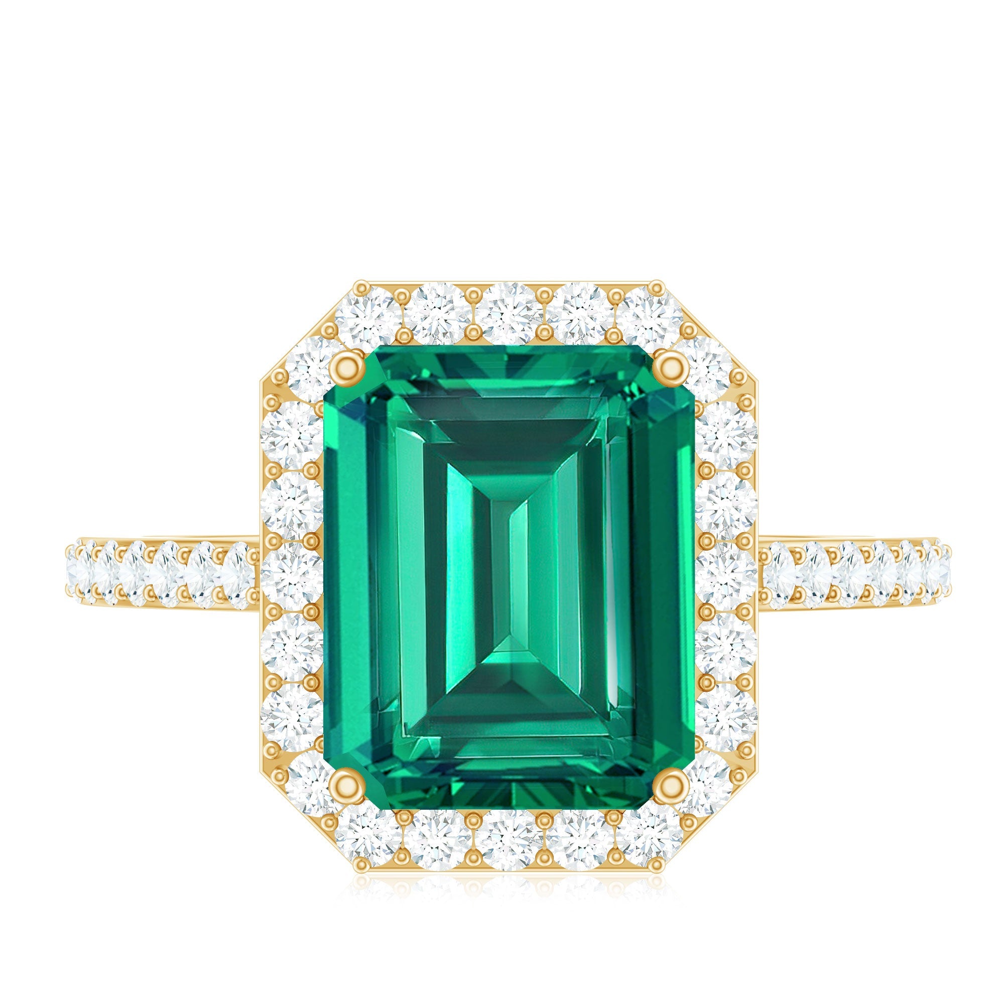 Lab Grown 3 Carat Emerald Cut Emerald Engagement Ring with Diamond Halo