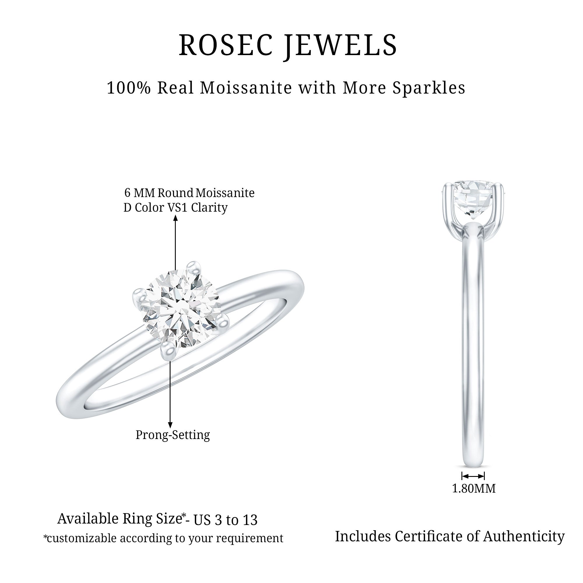 Certified 6 MM Moissanite Solitaire Promise Ring for Her