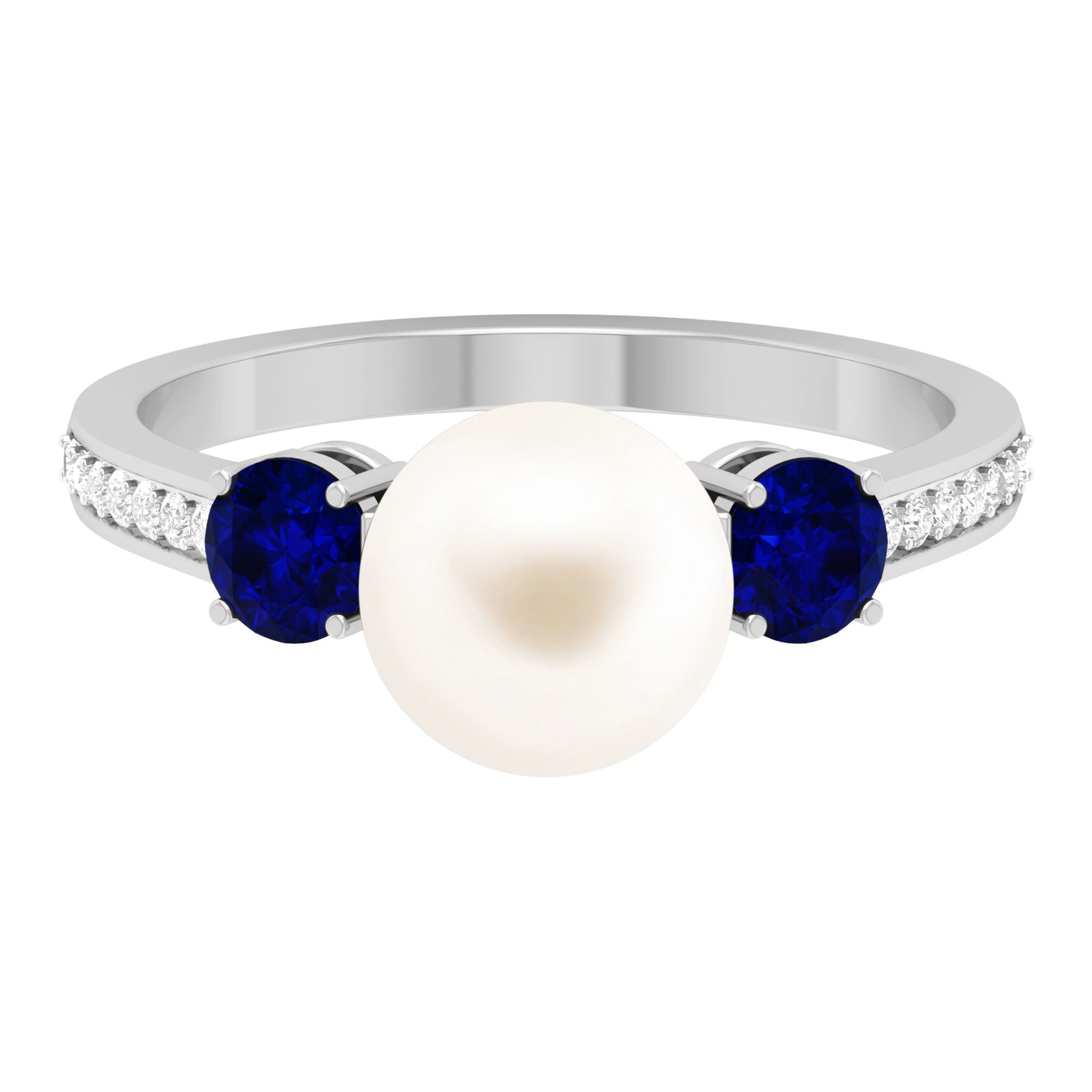 White Pearl and Sapphire 3 Stone Engagement Ring with Diamond