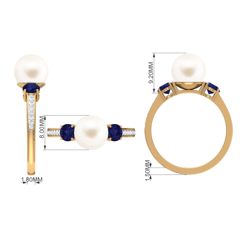 White Pearl and Sapphire 3 Stone Engagement Ring with Diamond