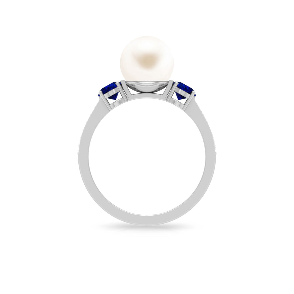 White Pearl and Sapphire 3 Stone Engagement Ring with Diamond