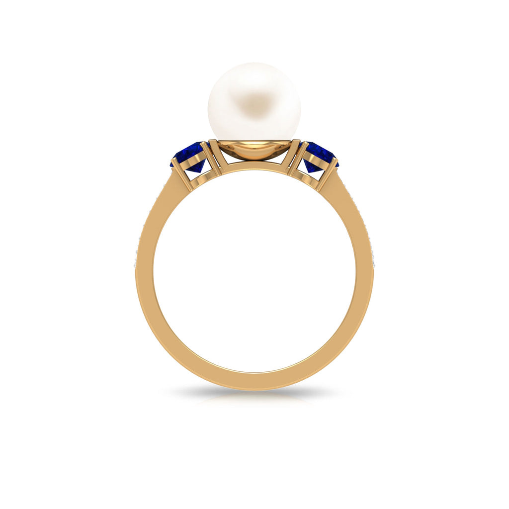 White Pearl and Sapphire 3 Stone Engagement Ring with Diamond