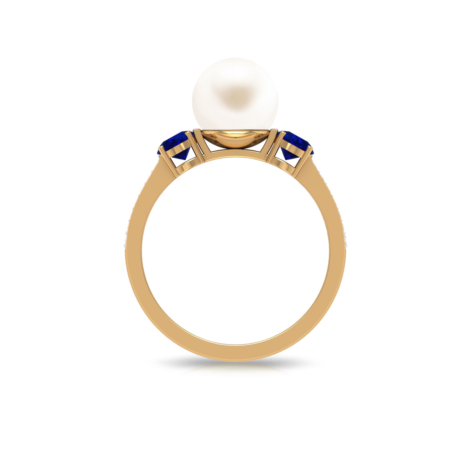 White Pearl and Sapphire 3 Stone Engagement Ring with Diamond