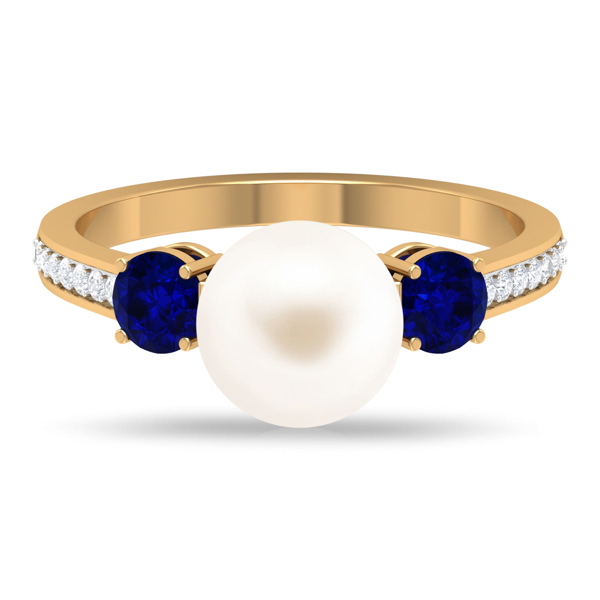 White Pearl and Sapphire 3 Stone Engagement Ring with Diamond