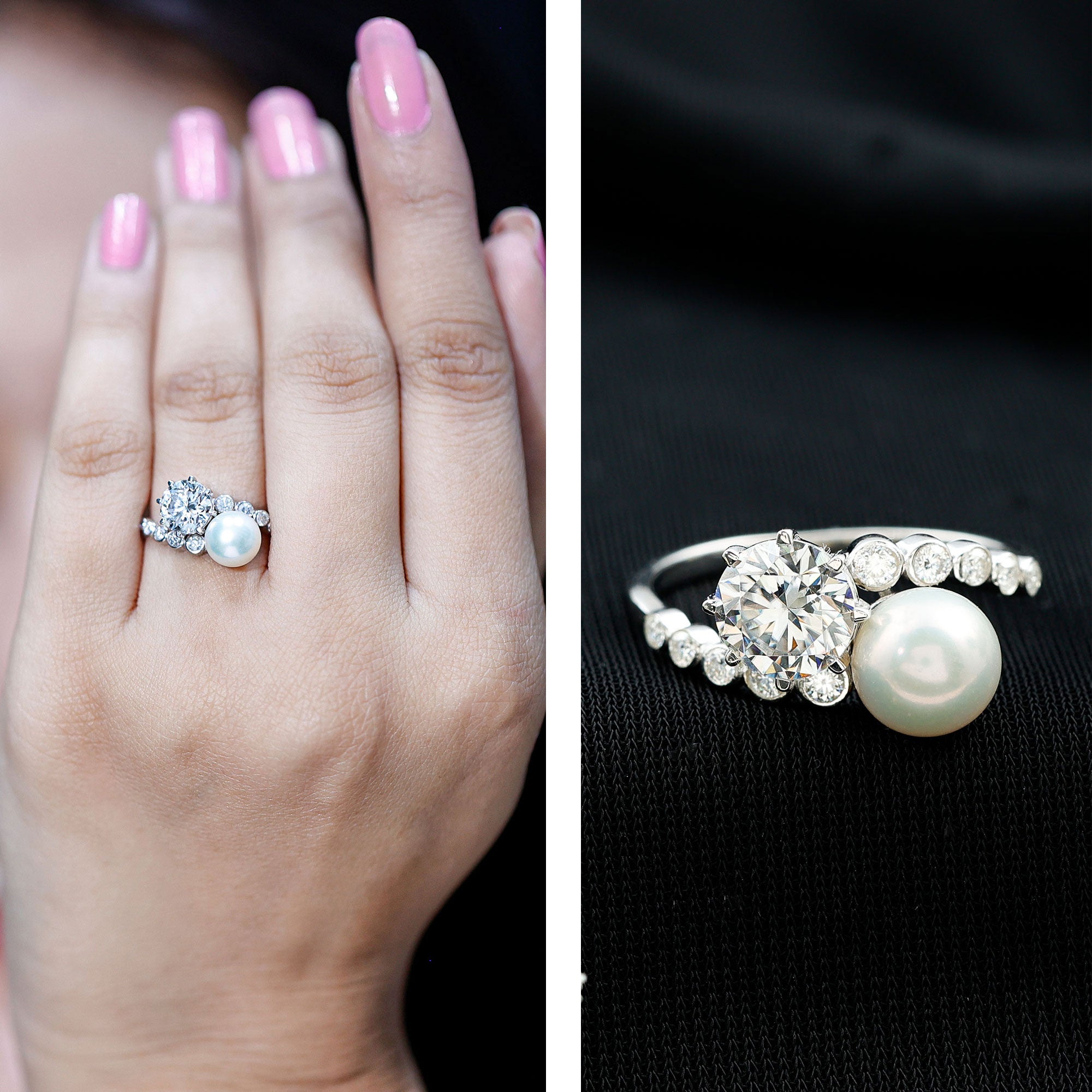 Freshwater Pearl and Moissanite Toi Et Moi Cocktail Ring