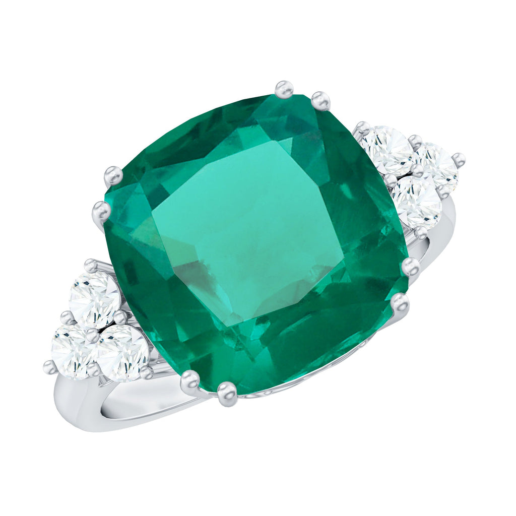 Lab Grown Emerald 9 Carat Cushion Cut Engagement Ring with Diamond Trio