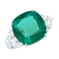 Lab Grown Emerald 9 Carat Cushion Cut Engagement Ring with Diamond Trio