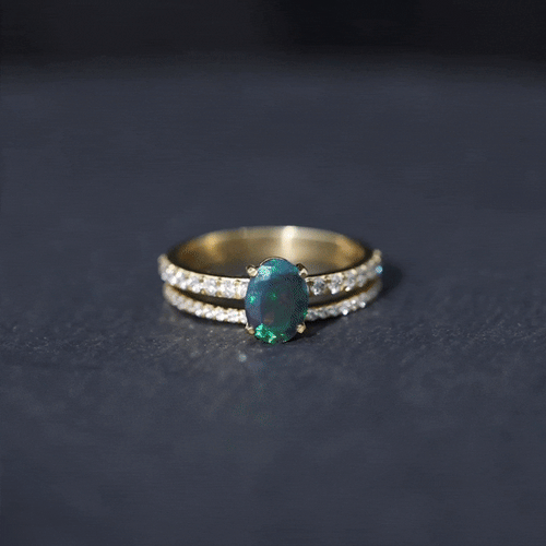 0.9 Carat Oval Cut Black Opal Wedding Ring Set With Diamond