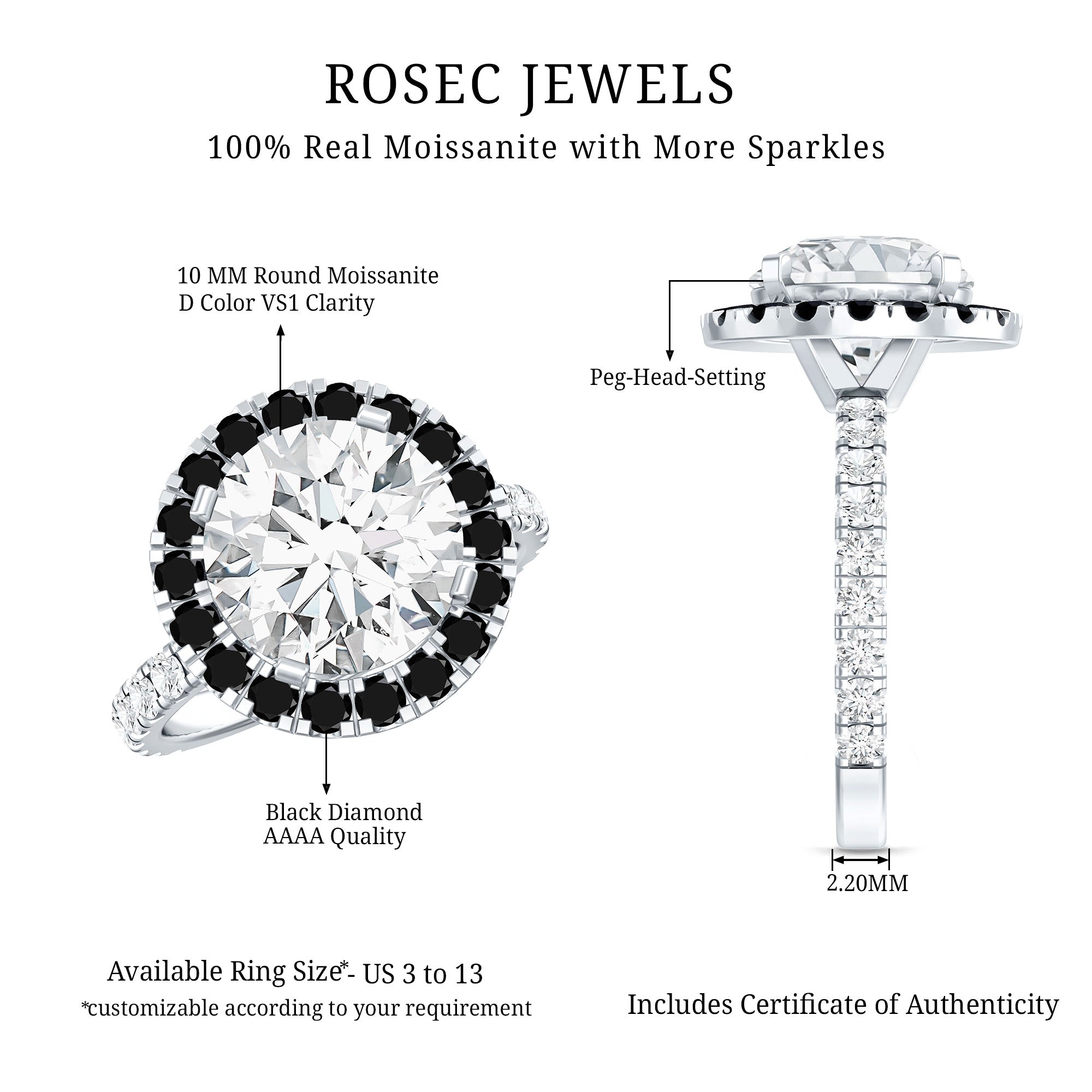 Certified 4.4 Carat Moissanite Halo Engagement Ring With Lab Black Diamond