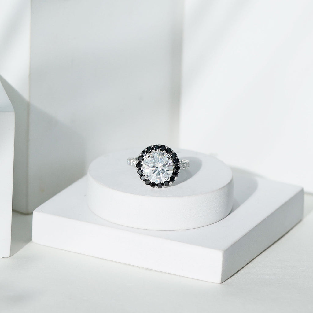 Certified 4.4 Carat Moissanite Halo Engagement Ring With Lab Black Diamond