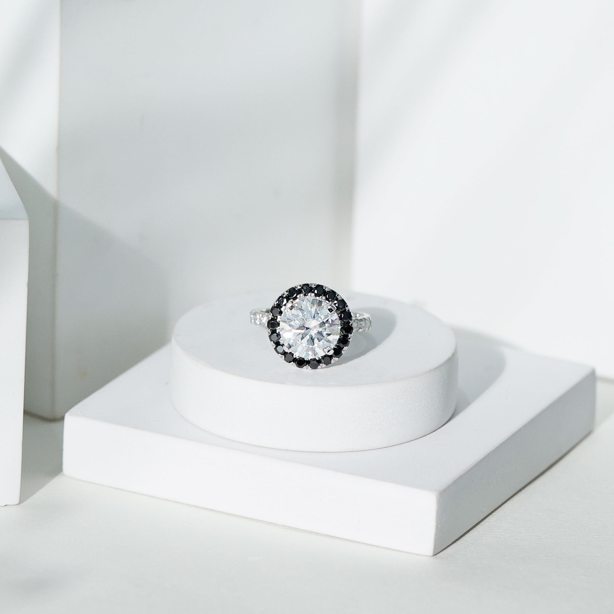 Certified 4.4 Carat Moissanite Halo Engagement Ring With Lab Black Diamond