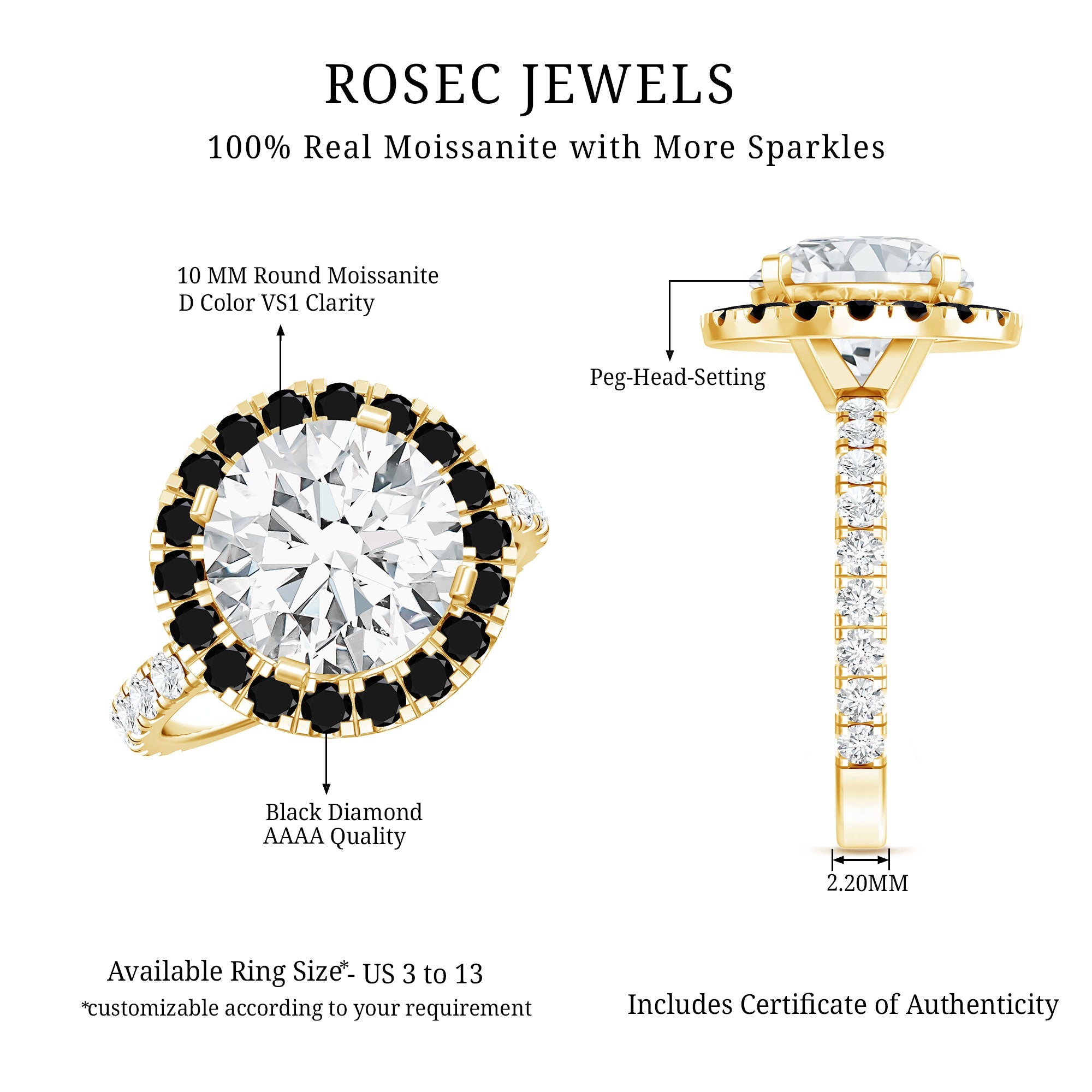 Certified 4.4 Carat Moissanite Halo Engagement Ring With Lab Black Diamond