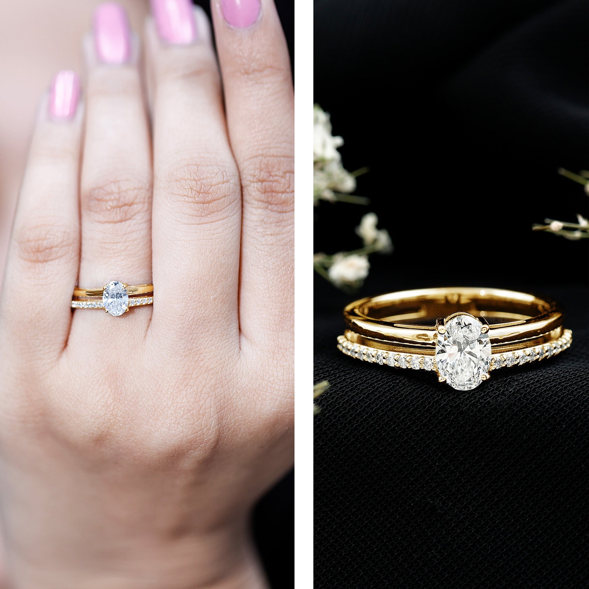 0.75 Carat Oval Cut Diamond Solitaire Double Band Engagement Ring For Her
