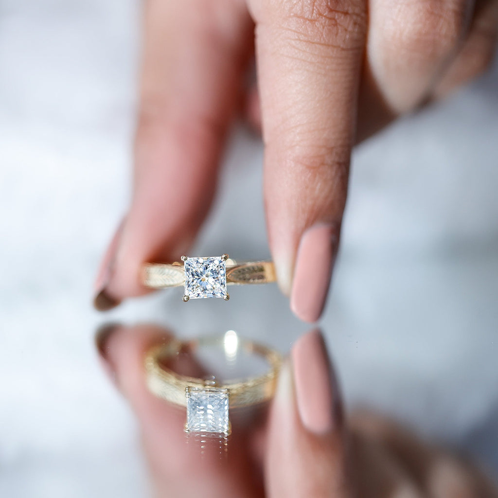 Lab Grown Diamond Engraved Solitaire Engagement Ring in Claw Set