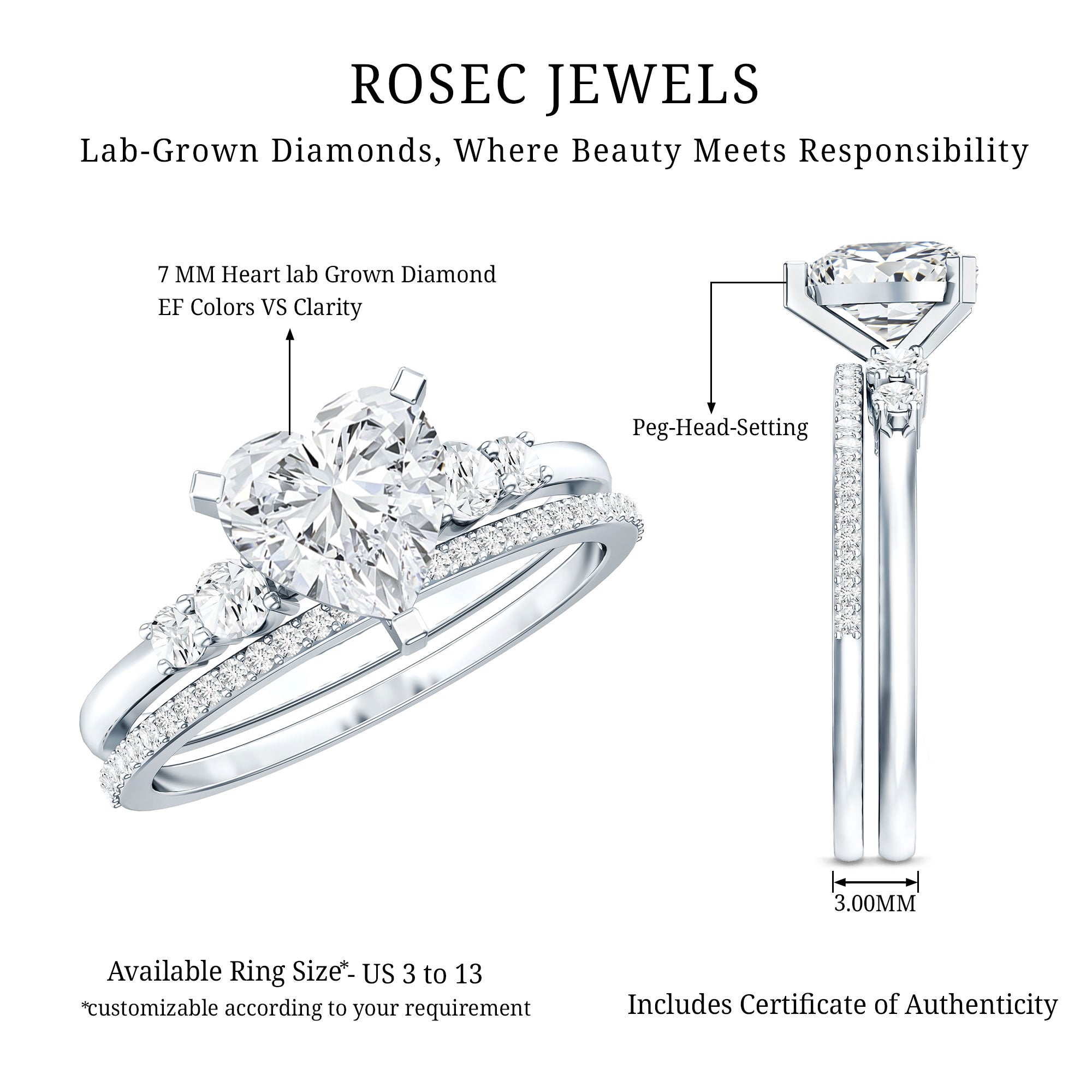 Certified Lab Grown Diamond 7MM Heart Bridal Ring Set
