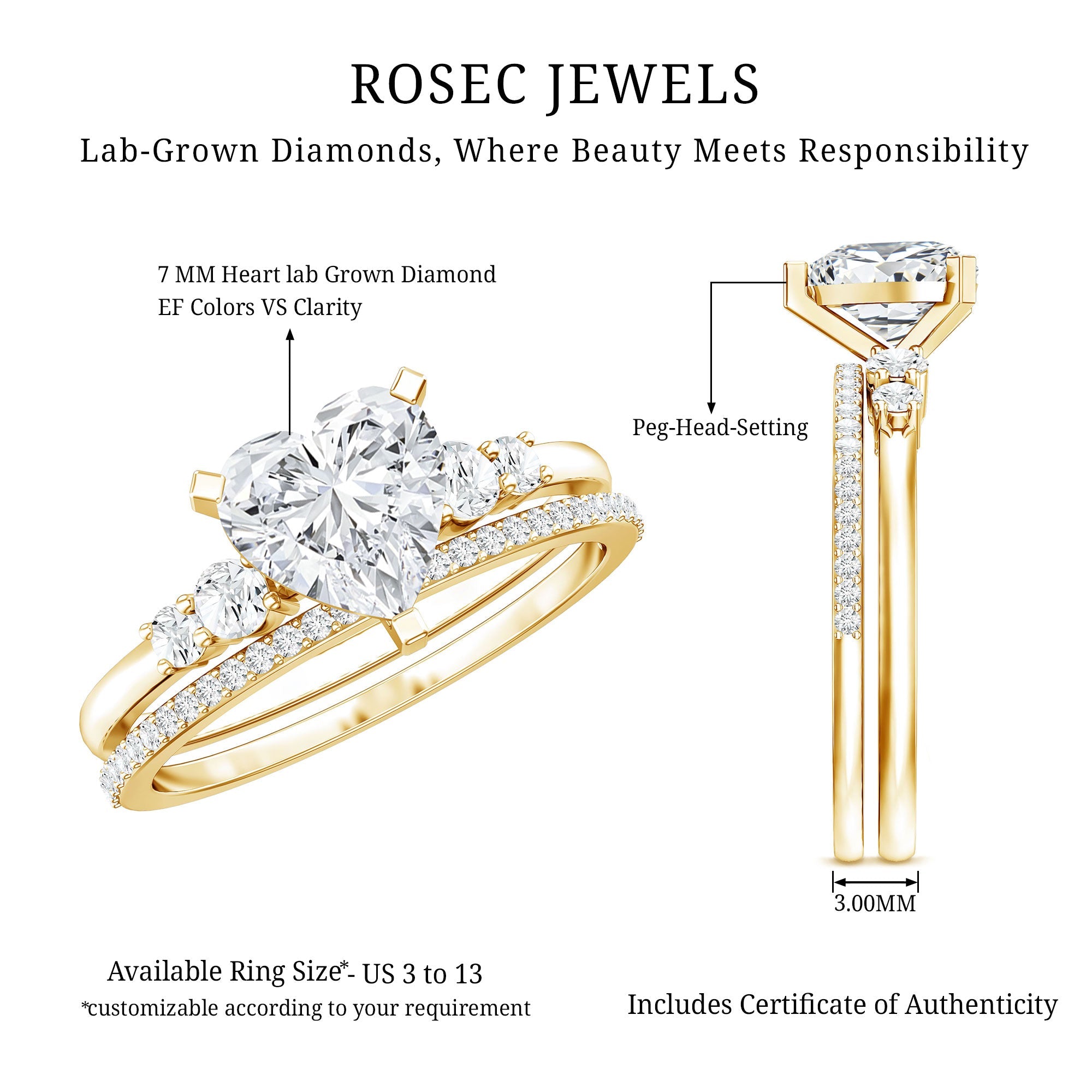 Certified Lab Grown Diamond 7MM Heart Bridal Ring Set