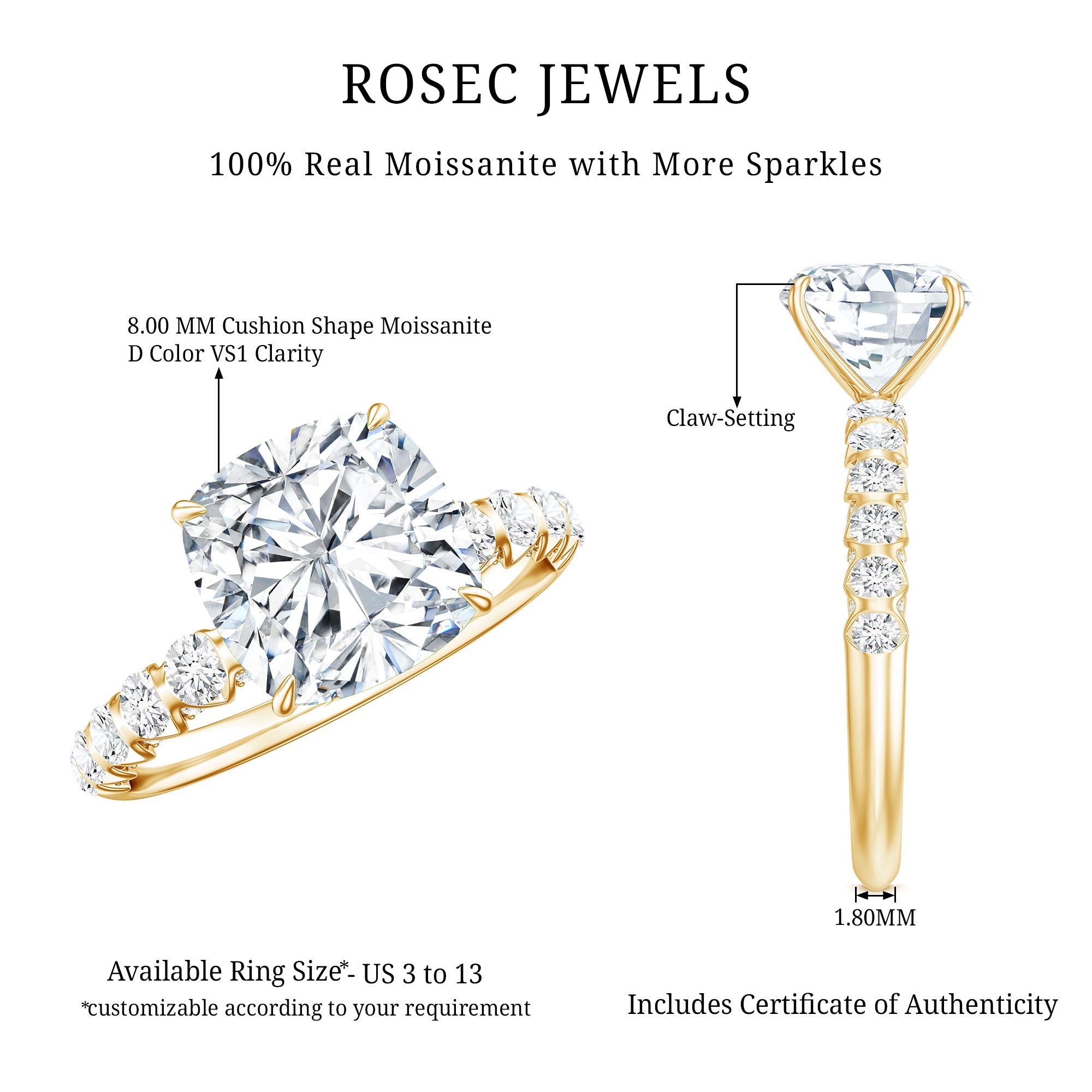 IGI Certified 2 Carat Cushion Cut Lab Grown Diamond Engagement Ring with Side Stones