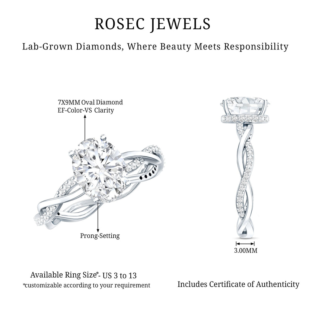 IGI Certified 2 Carat Lab Grown Diamond Oval Hidden Halo Engagement Ring with Braided Band