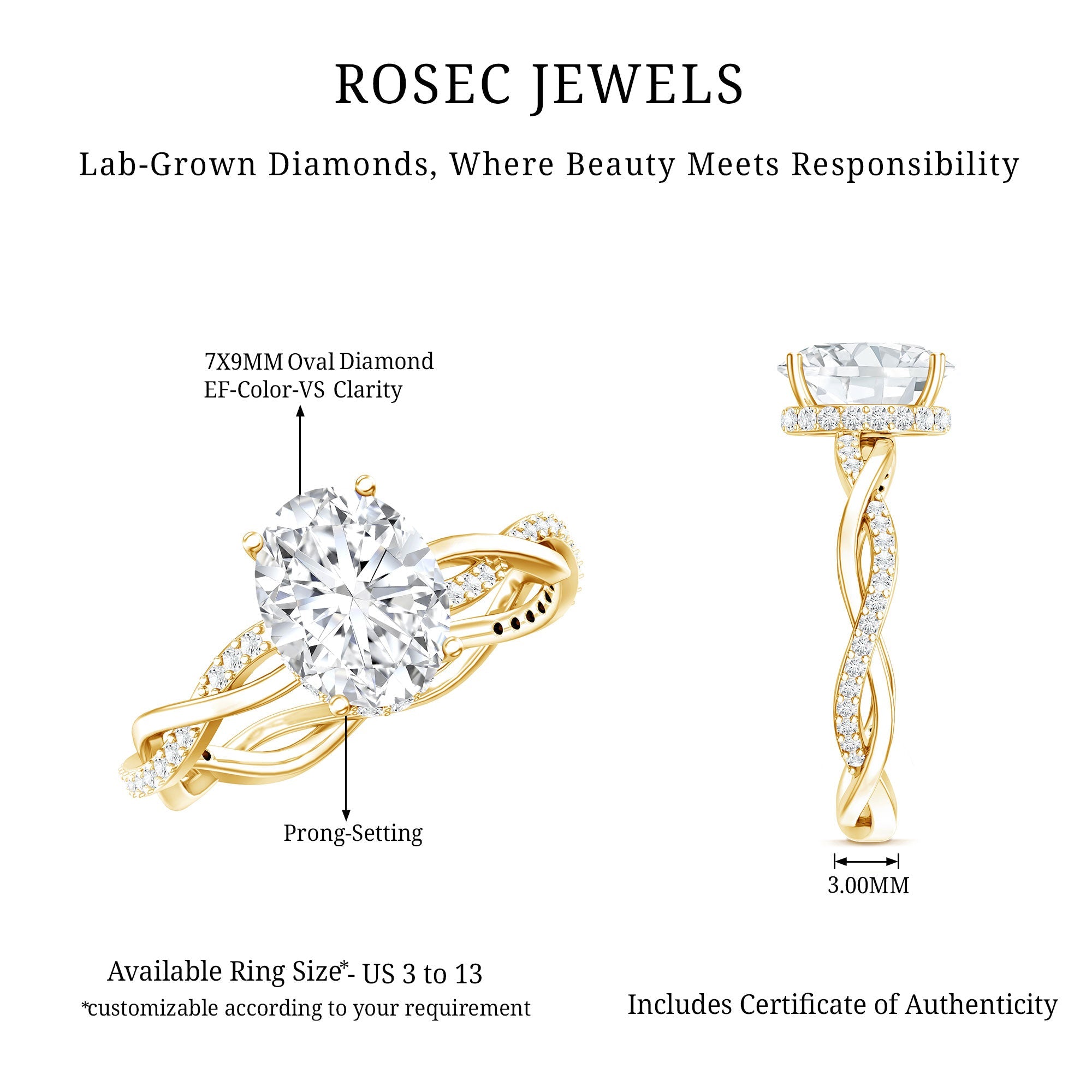 IGI Certified 2 Carat Lab Grown Diamond Oval Hidden Halo Engagement Ring with Braided Band