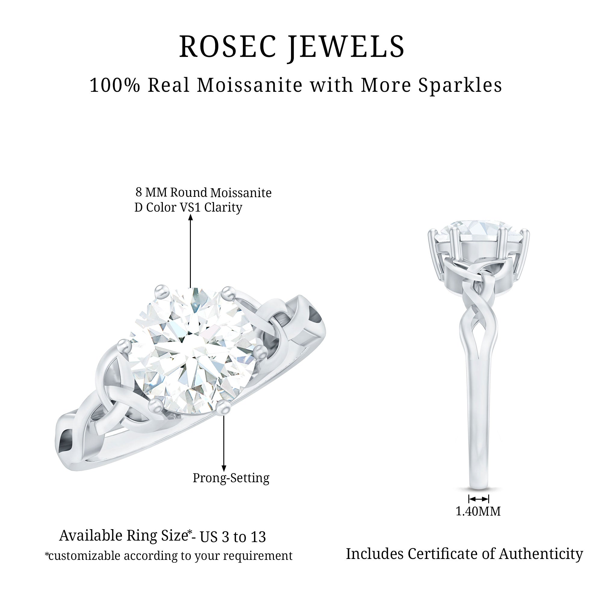 8 MM Round Cut Moissanite Celtic Design Engagement Ring