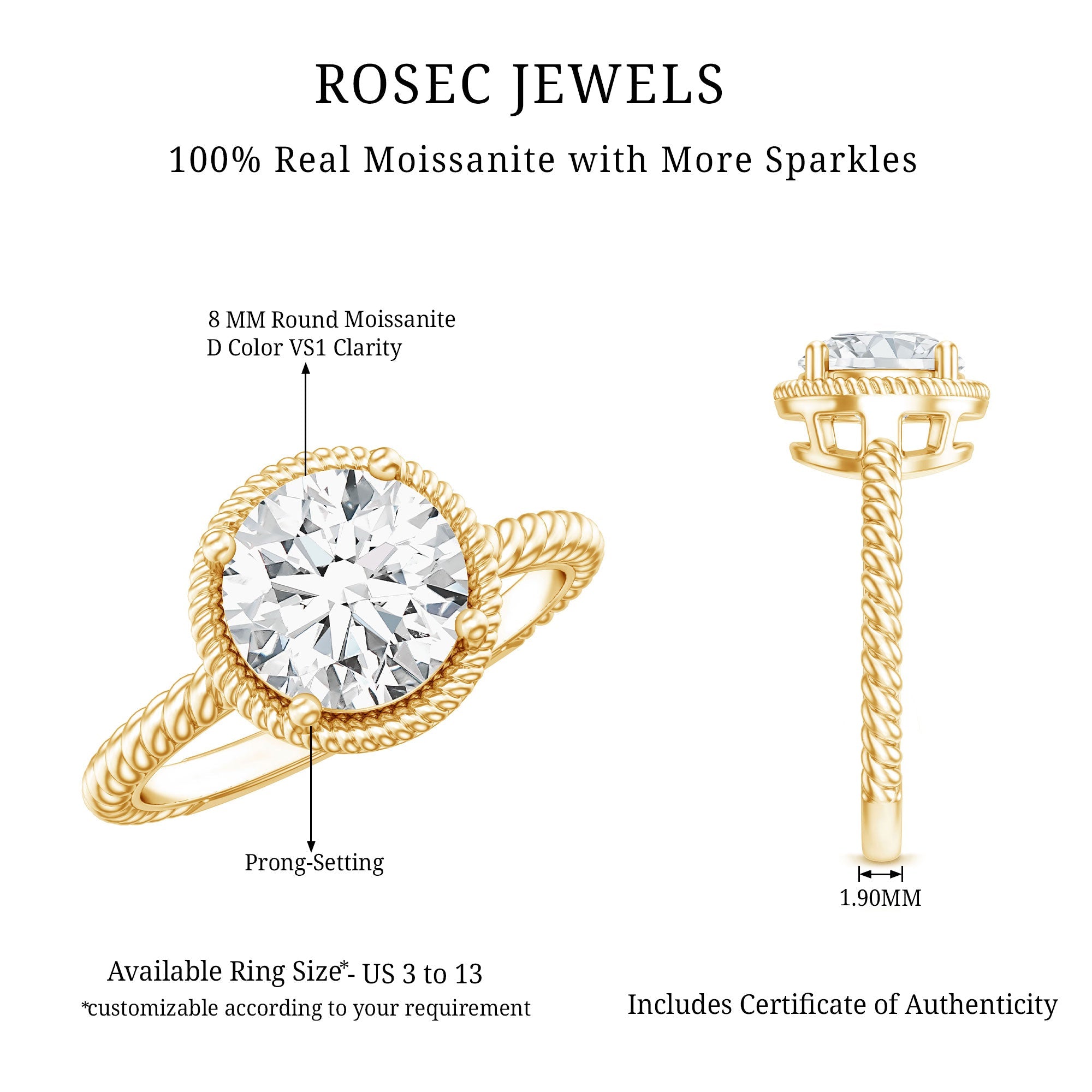 Brilliant Cut 8 MM Moissanite Rope Band Engagement Ring