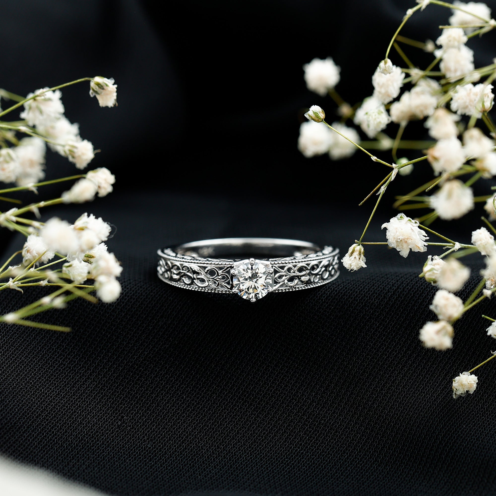 Cubic Zirconia Solitaire Vintage Inspired Filigree Ring in Claw Setting