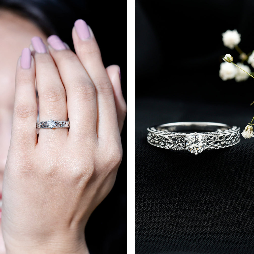 Cubic Zirconia Solitaire Vintage Inspired Filigree Ring in Claw Setting