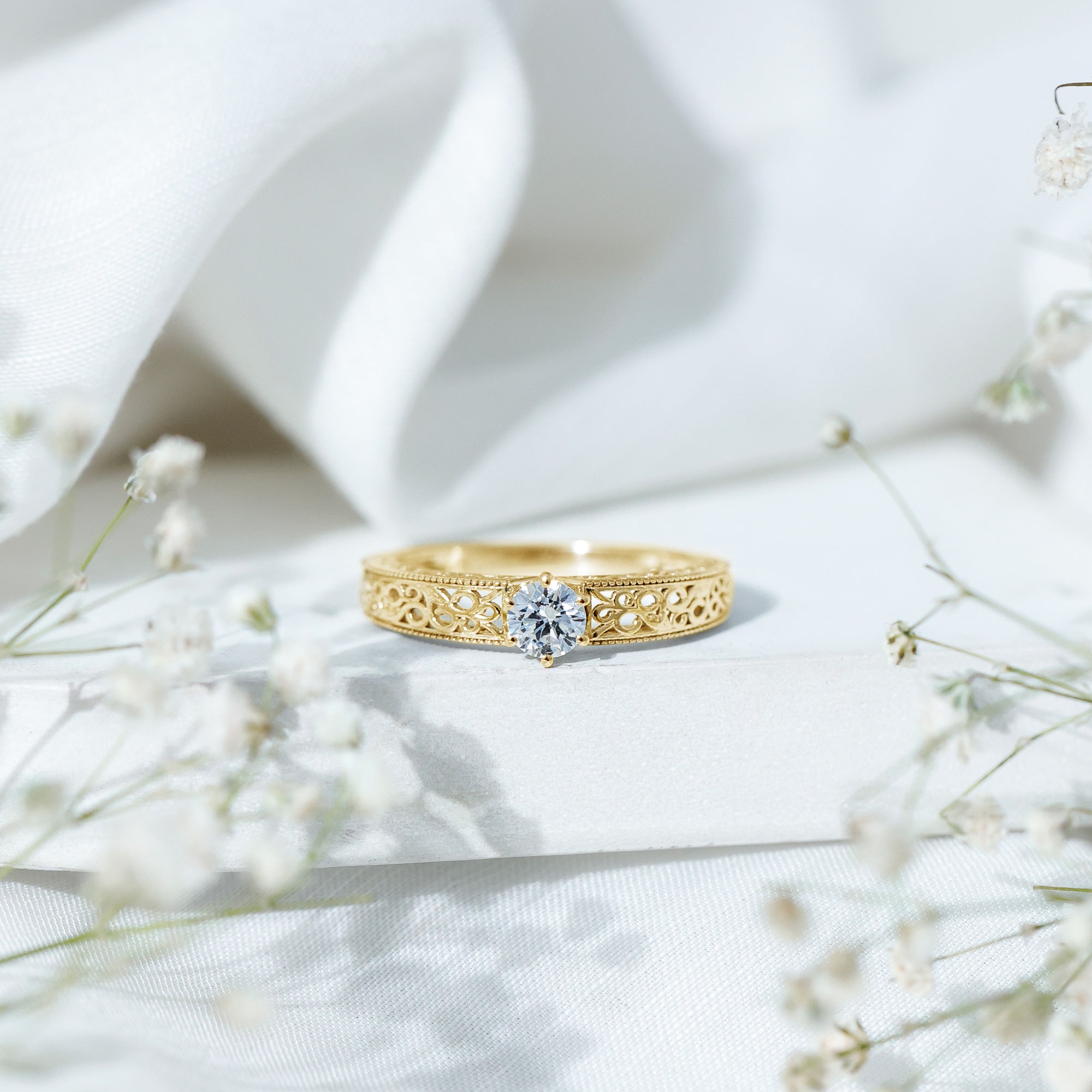 Cubic Zirconia Solitaire Vintage Inspired Filigree Ring in Claw Setting