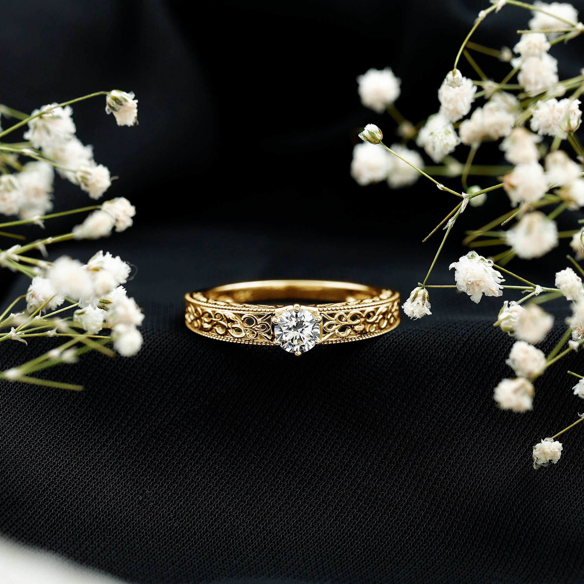 Cubic Zirconia Solitaire Vintage Inspired Filigree Ring in Claw Setting