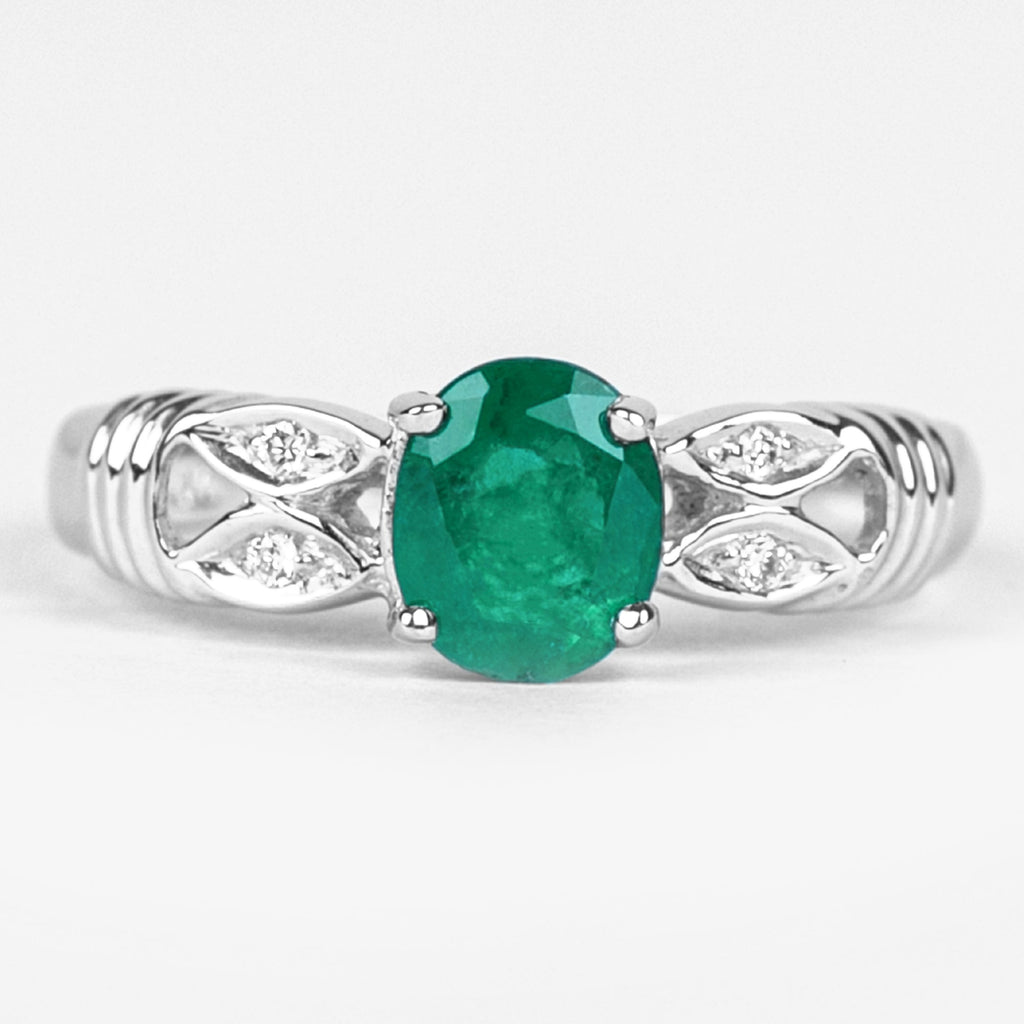 Real Oval Emerald Solitaire Engagement Ring with Diamond