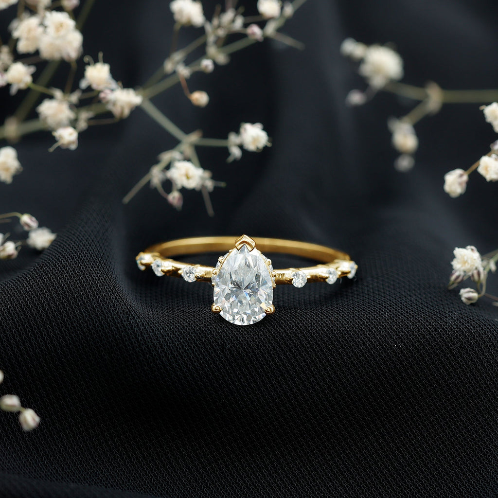 Brilliant Cut Moissanite Pear Shape Engagement Ring with Hidden Halo