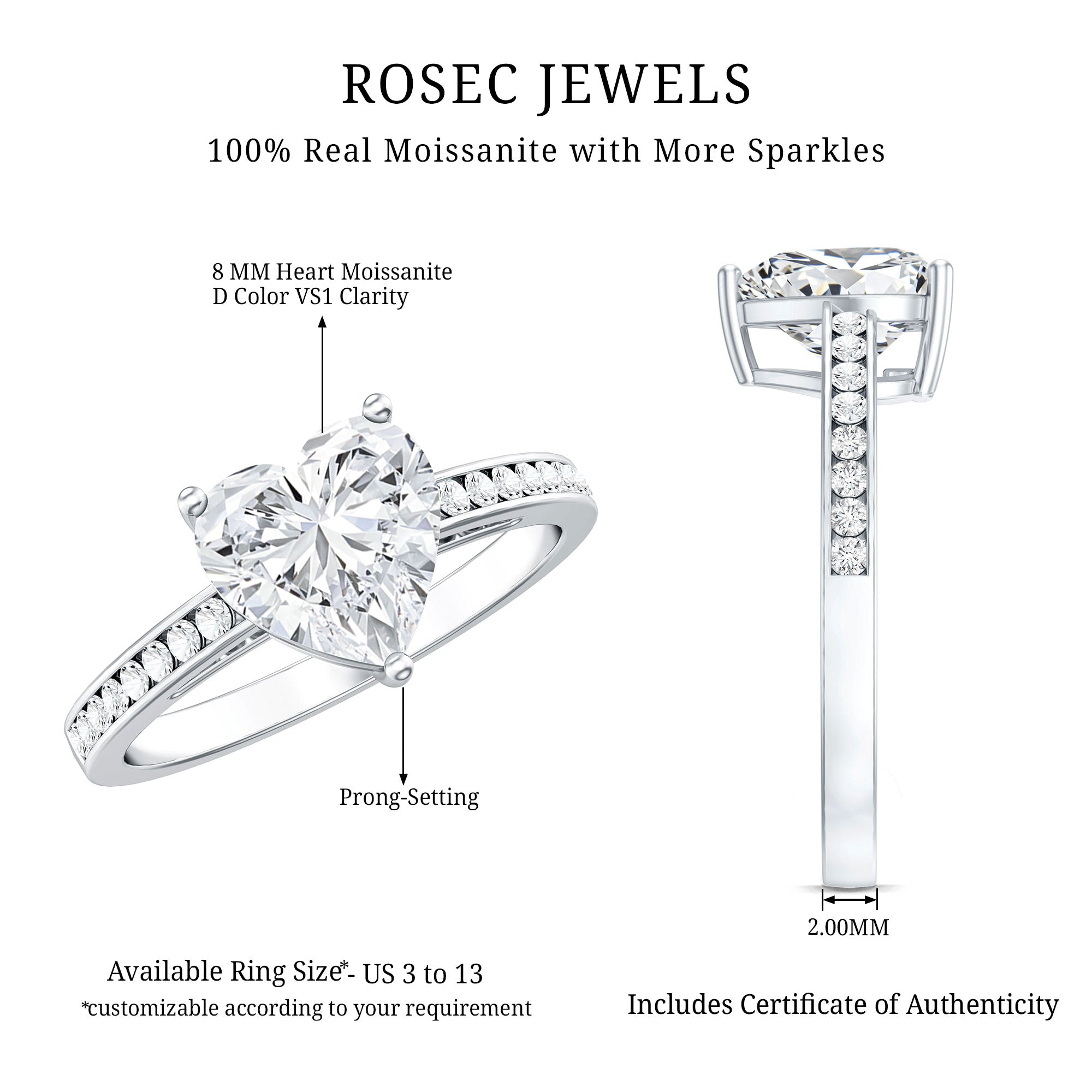 Moissanite 2 Carat Heart Engagement Ring with Side Stones