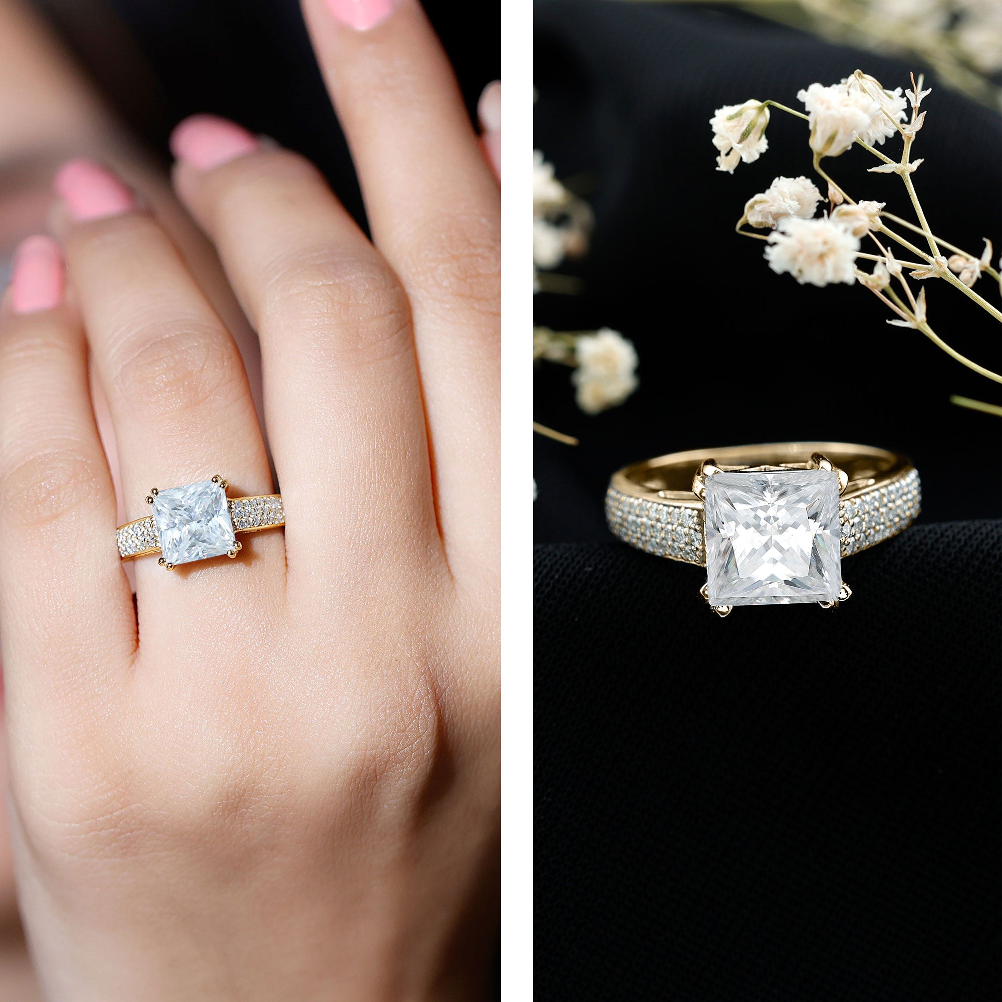 3 Carat Princess Cut Moissanite Side Stone Engagement Ring