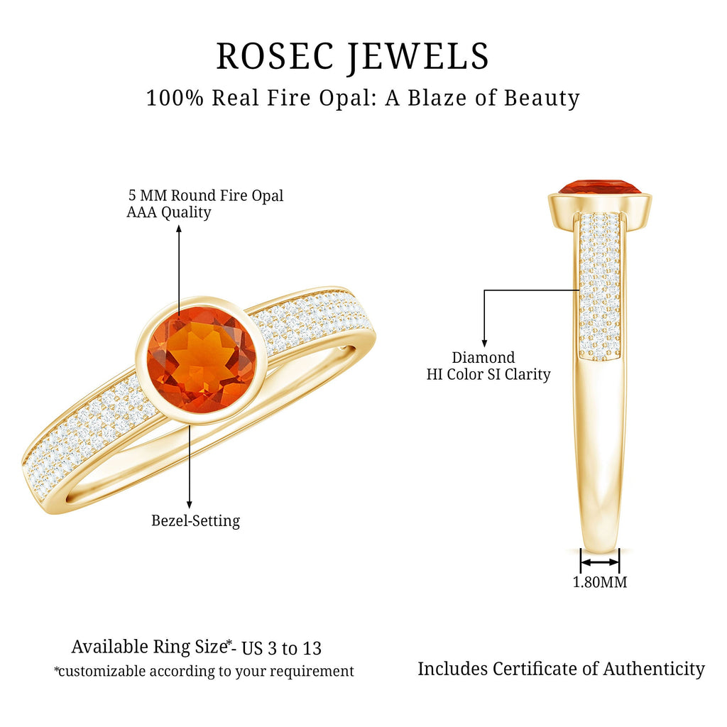 3/4 CT Round Shape Fire Opal Engagement Ring with Diamond