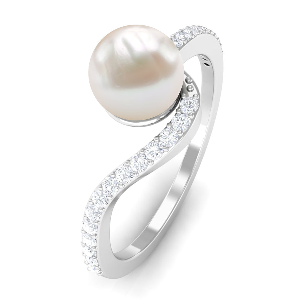 Cultured 2 Carat White Pearl Engagement Ring with Diamond Bypass Shank