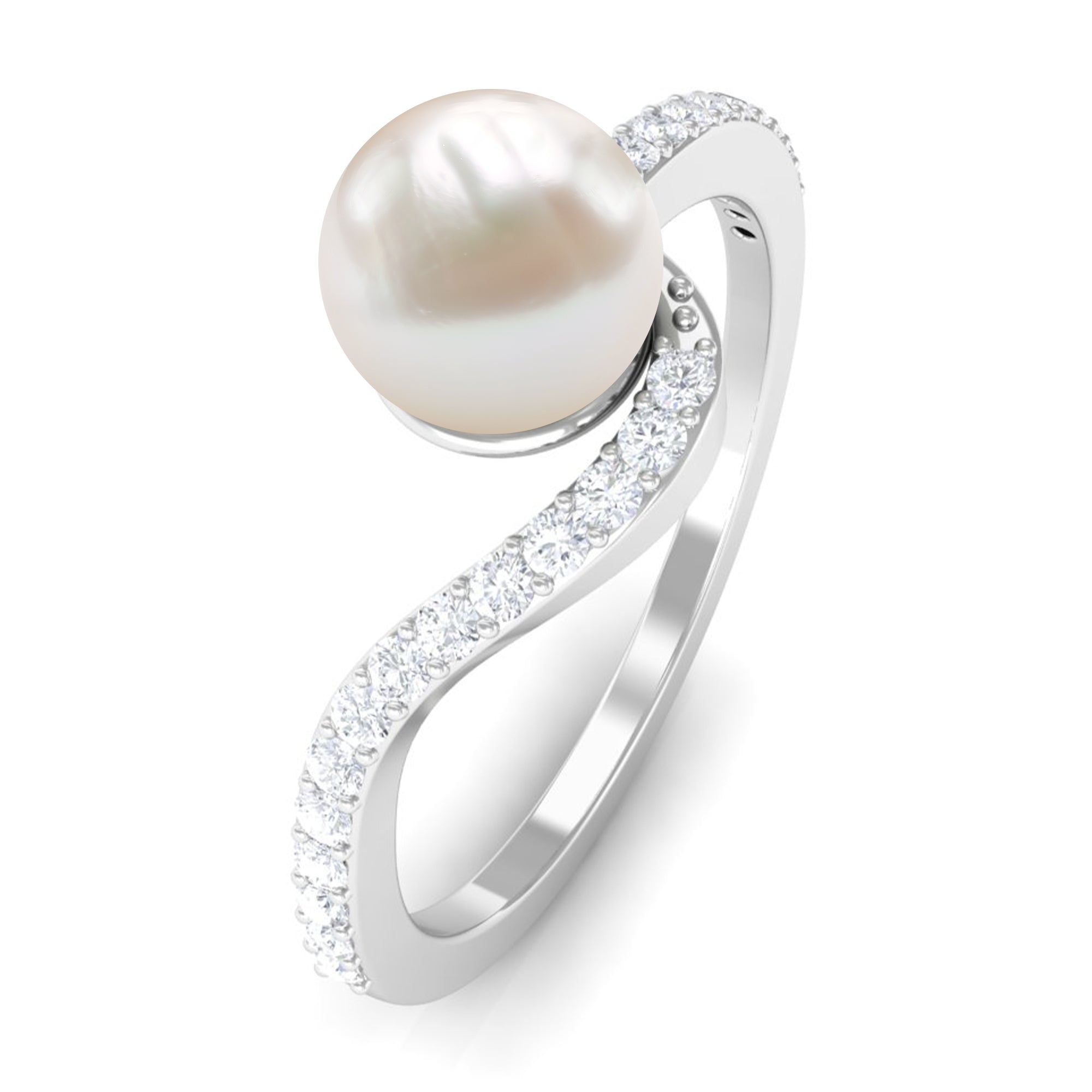 Cultured 2 Carat White Pearl Engagement Ring with Diamond Bypass Shank
