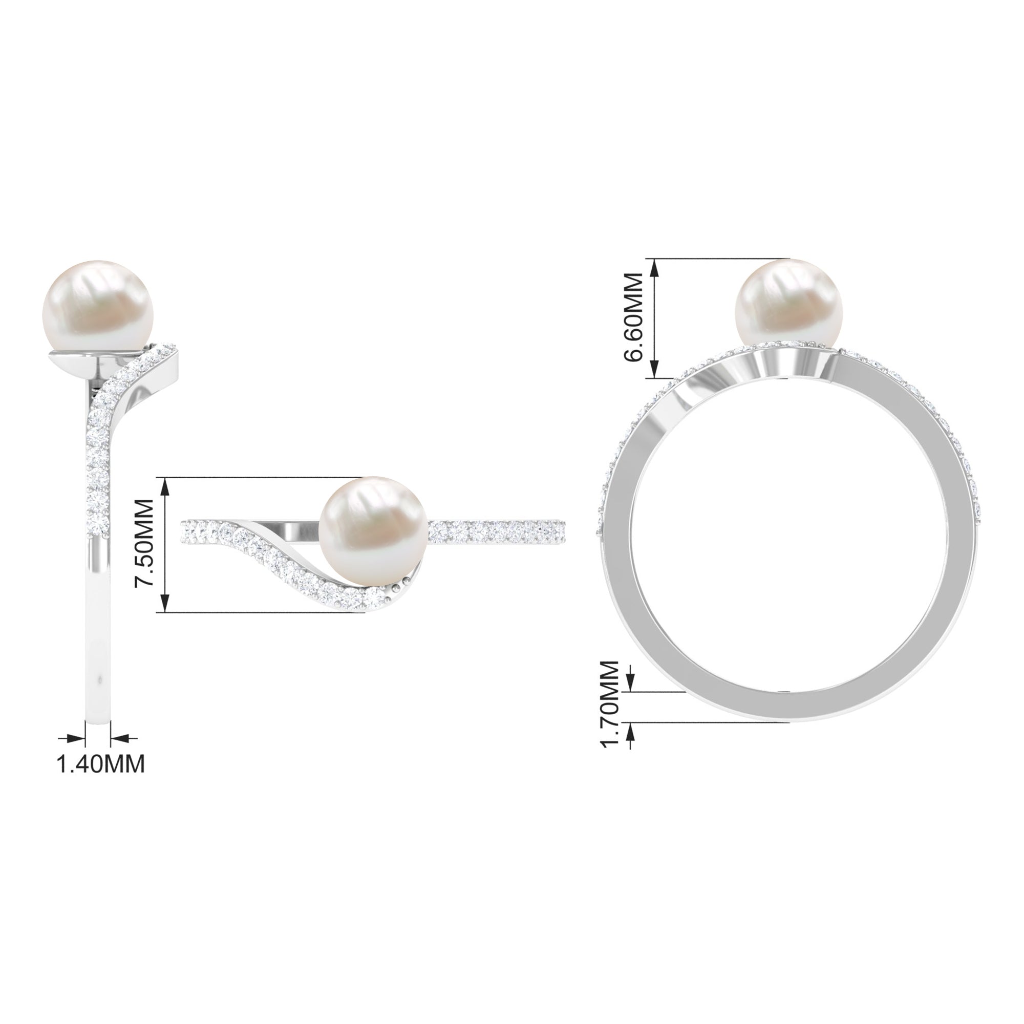 Cultured 2 Carat White Pearl Engagement Ring with Diamond Bypass Shank
