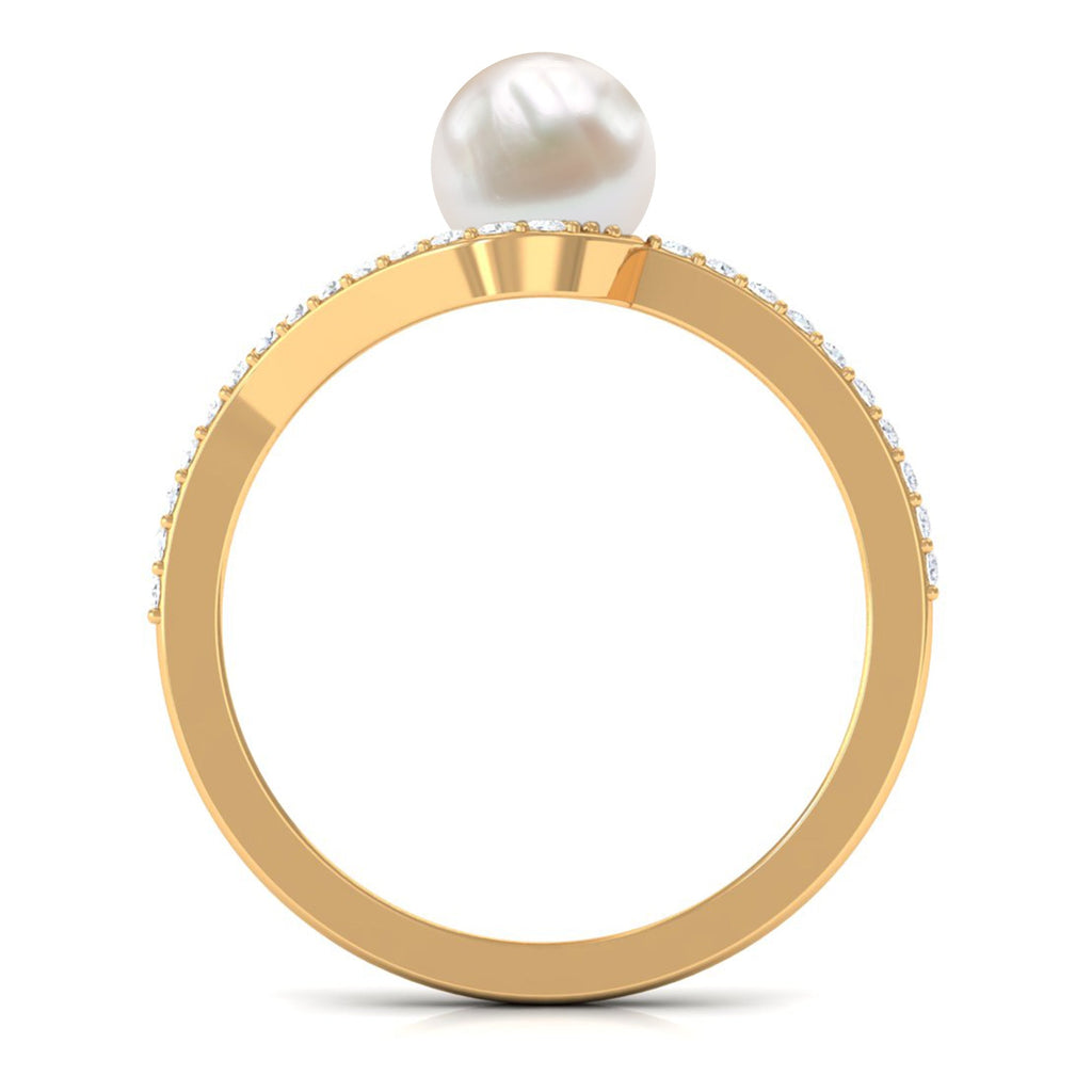 Cultured 2 Carat White Pearl Engagement Ring with Diamond Bypass Shank