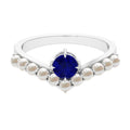 2 CT Solitaire Blue Sapphire and Freshwater Pearl Chevron Ring